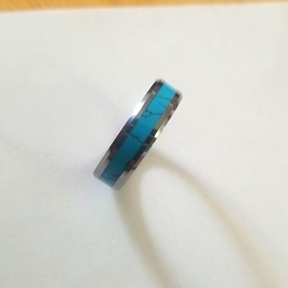 New Turquoise Inlay Center Beveled Edges Tungsten Carbide Ring. 6mm width size 8 - Picture 3 of 5
